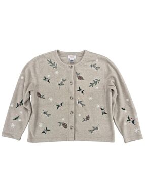 Talbots fleece cardigan women's large tan embroidered button down woodsy holiday